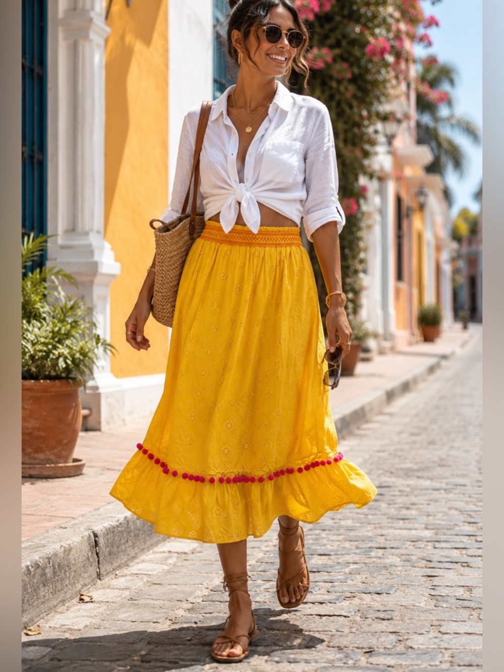 J.Crew Yellow Eyelet Midi Skirt Pom Pom Hem Vacation Resort Summer XS